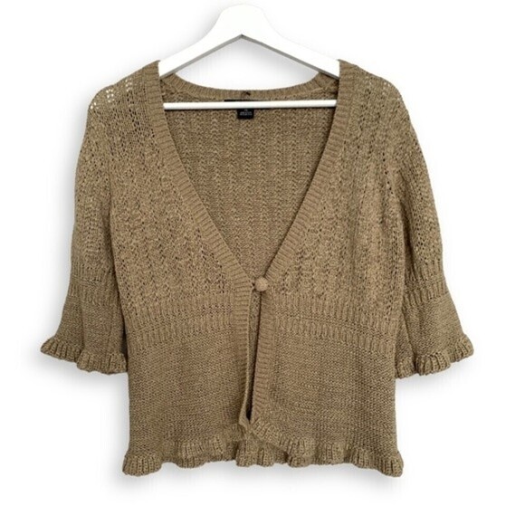 Vintage Cardigan Knit y2k Ruffle Hem Neutral Sweater - Picture 2 of 14